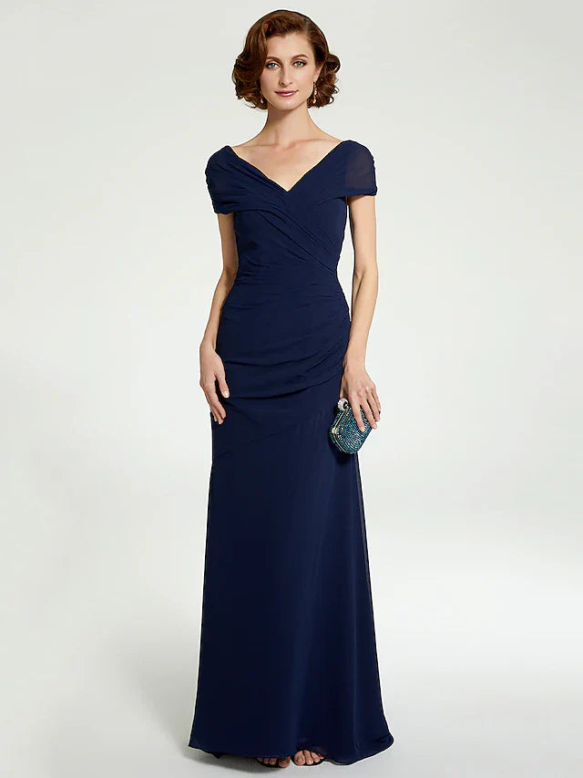 Wholesale A-Line Mother of the Bride Dress V Neck Floor Length Chiffon Sleeveless with Lace Ruching